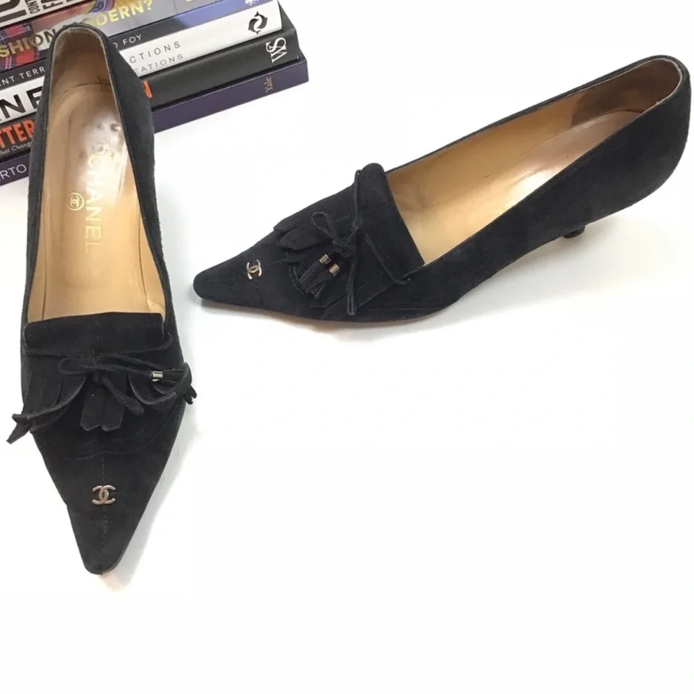 Chanel Heels Pointed Toe Logo Tassel Fringe
